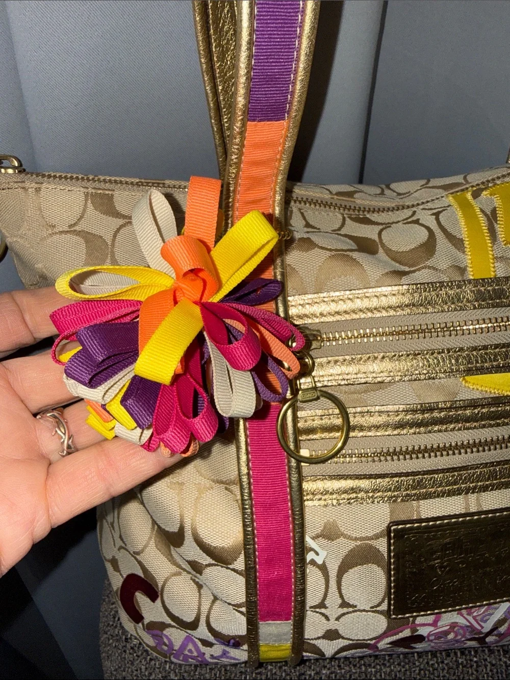 Coach POPPY Beige Signature Floral Tote with Multicolor Accents - Picture 4 of 17
